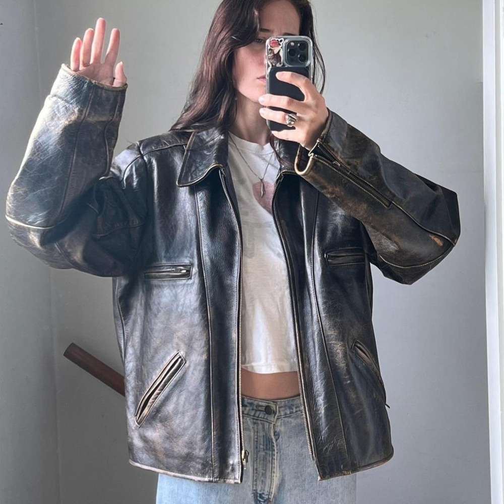 Vintage Leather Jacket Brown Distressed Biker Full Zip Worn Faded 90s Coat XL